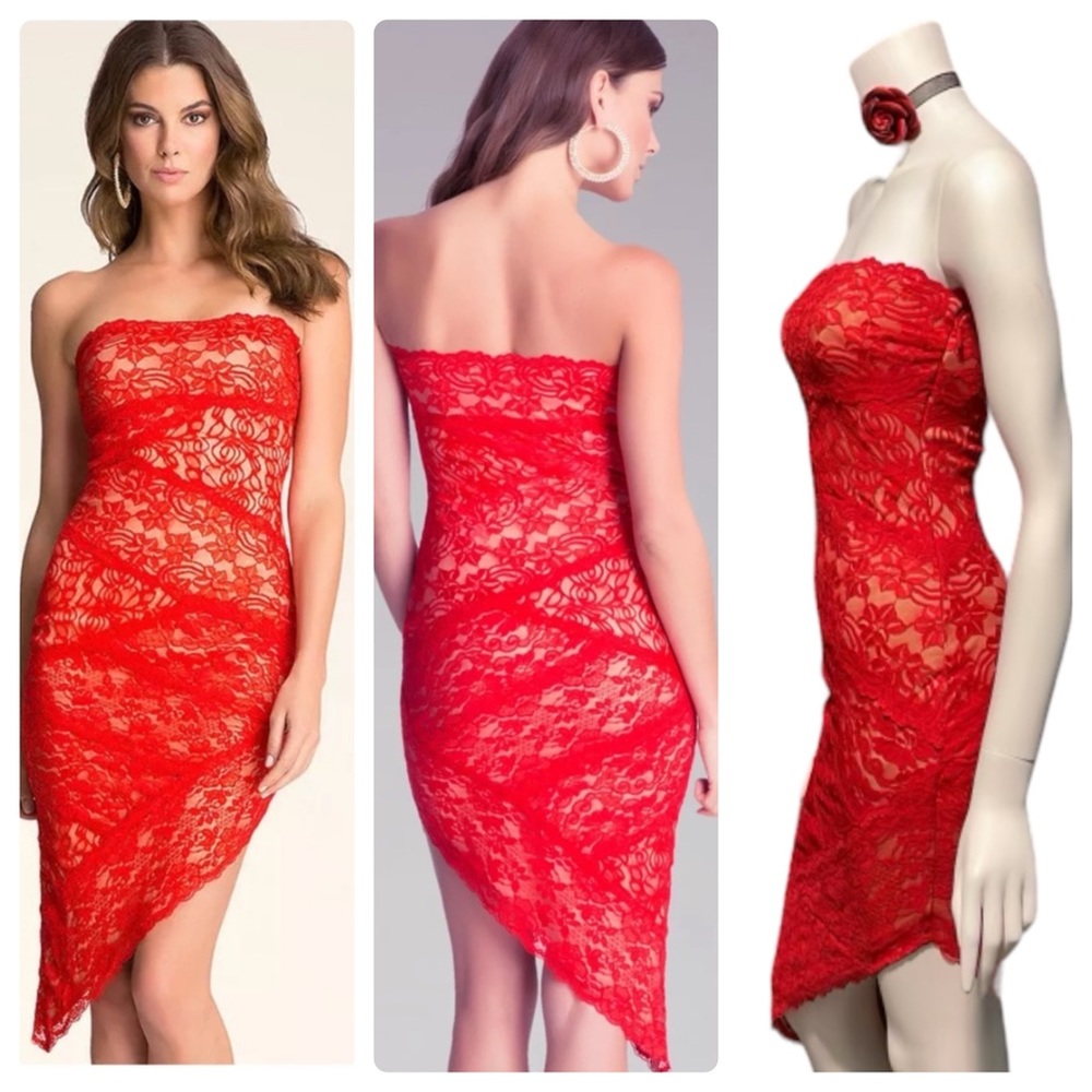 NWOT Bebe Strapless Scalloped Lace Asymmetrical Hem Red Dress XS